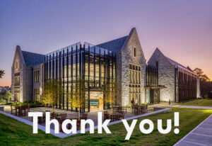 Cousins Center in the evening with text that reads "Thank you!" Click to read.