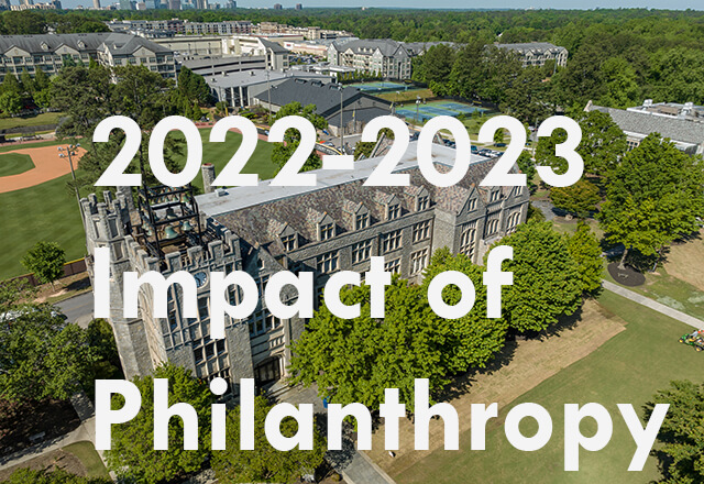 2022-2023 Impact of Philanthropy button with a view of Lupton, Gables, and Hermance baseball field.