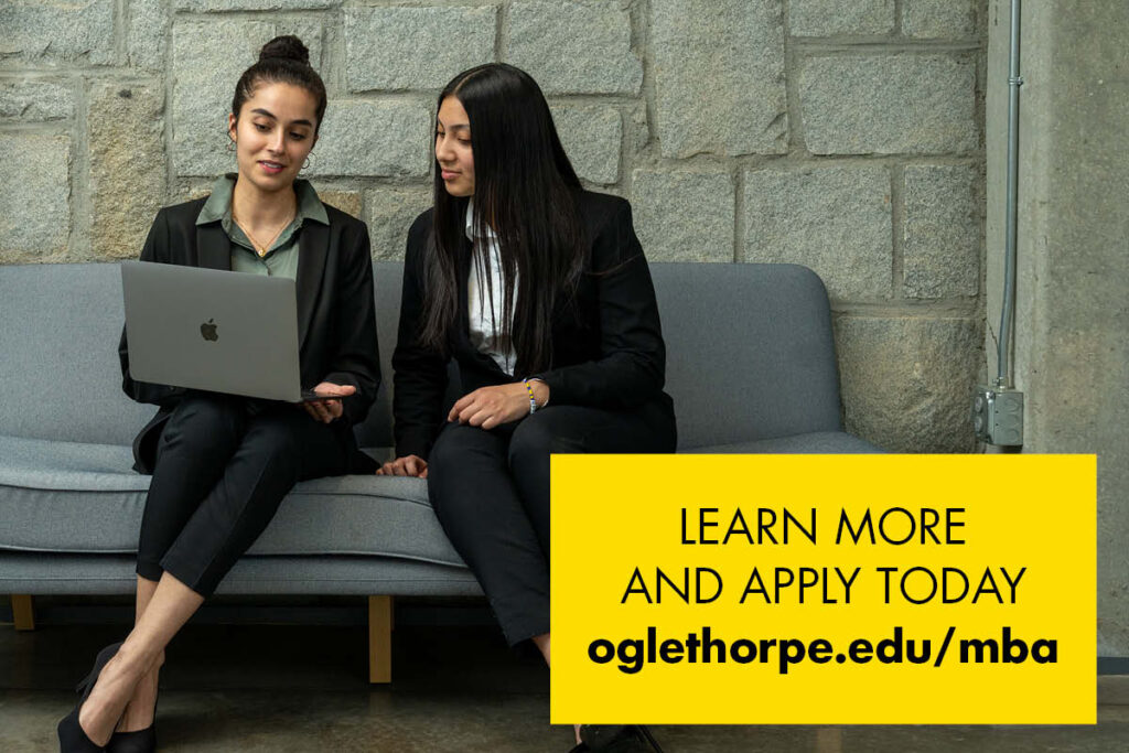 MBA program advertisement showing photo of two students studying. Learn more at oglethorpe.edu/mba