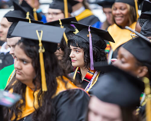 Graduates in regalia at commencement.